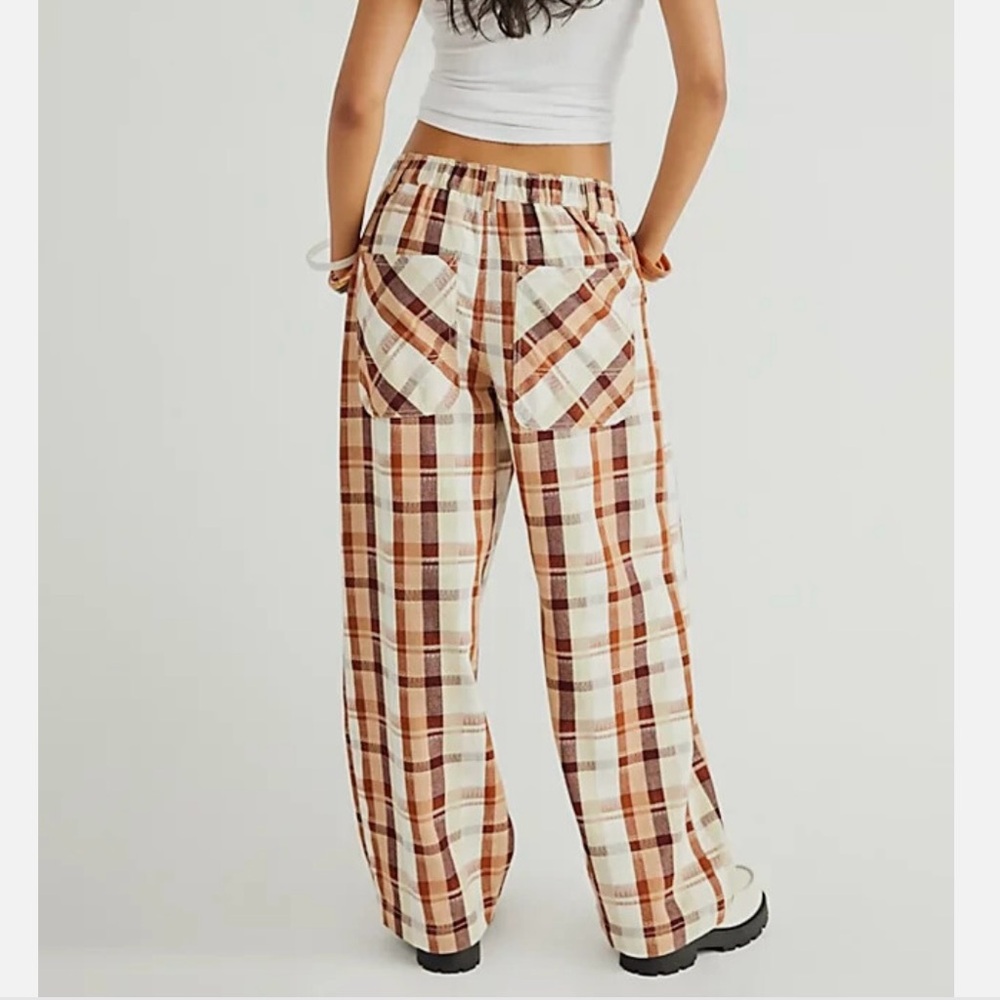 Free People Love Buzz trousers wide leg high waist cotton pants brown & ivory S - Picture 2 of 12
